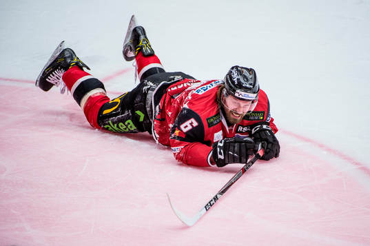 Malmö Redhawks Stefan Warg grinar illa på isen