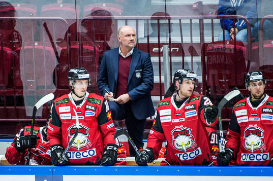 Malmö Redhawks tränare Peter Andersson bland spelarna