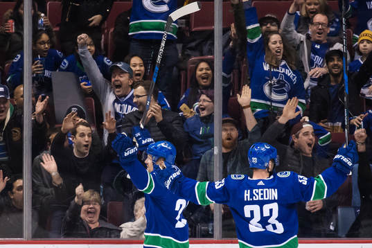 Daniel Sedin och Henrik Sedin jublar