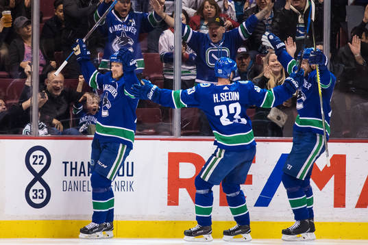 Daniel Sedin, Henrik Sedin och Alexander Edler jublar