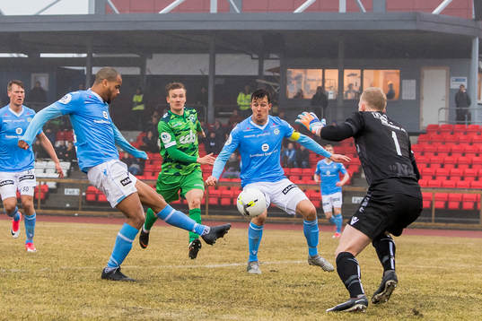 Erixon Danso of Sandnes Ulf scores 1-2 behind goalkeeper