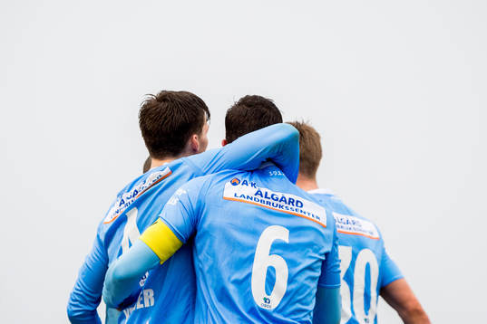 Axel Kryger and Niels Vorthoren of Sandnes Ulf celebrate 2-1
