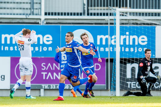 Mohamed Ofkir of Sandefjord celebrates scoring 1-0