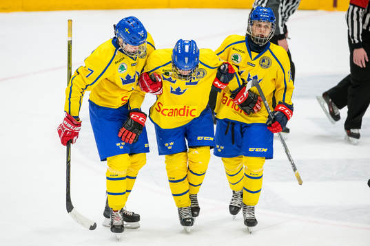 Sveriges Axel Kumlin och Sveriges Elliot Ekmark hjälper