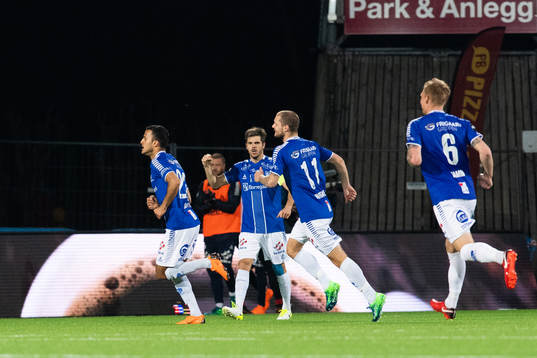 Harmet Singh of Sarpsborg 08 celebrates scoring the 1-1
