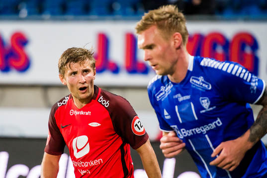Steffen Lie Skålevik of Brann and Joonas Tamm of Sarpsborg