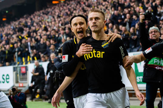 s Kristoffer Olsson och Rasmus Lindkvist jublar