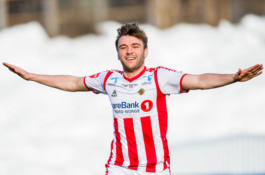 Slobodan Vuk of Tromsø celebrates scoring 1-1