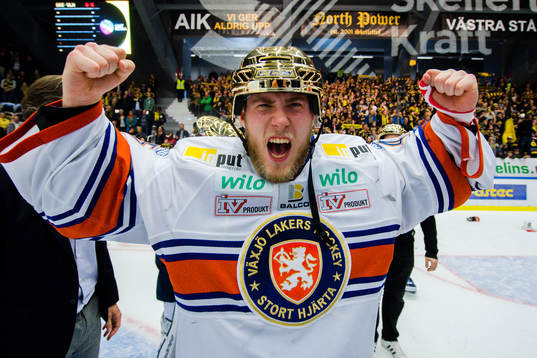 Växjös målvakt Viktor Andrén jublar