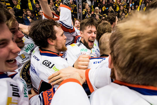 Växjös spelare med Robert Rosén (m) jublar