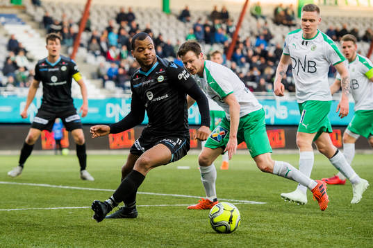 Erixon Danso of Sandnes Ulf and Petter Vaagan Moen of HamKam