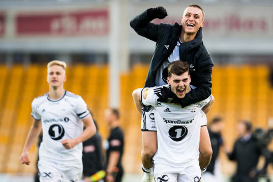 Jonathan Levi and Jacob Rasmussen of Rosenborg celebrate