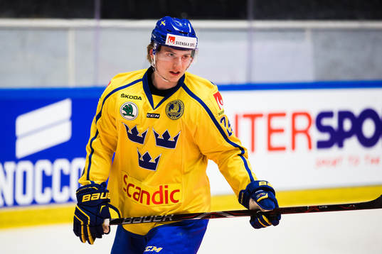 Sveriges Lias Andersson innan ishockeymatchen i Sweden