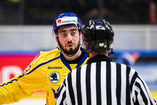 Sveriges Mika Zibanejad diskuterar med en av domarna