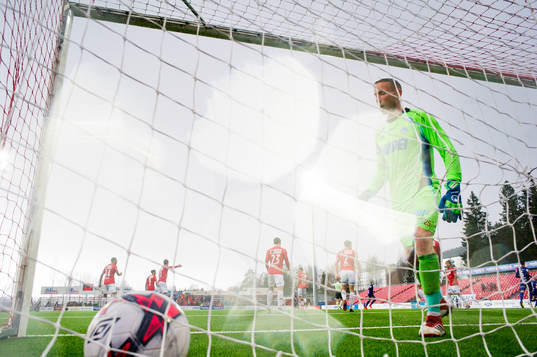 Goalkeeper Simon Thomas of Kongsvinger looks dejected