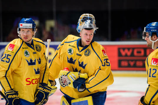 Sveriges Jacob de la Rose och målvakt Magnus Hellberg