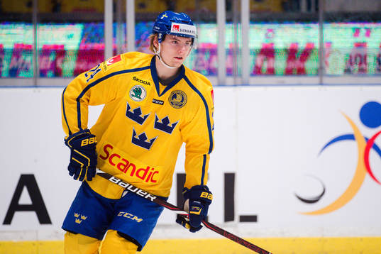 Sveriges Lias Andersson före ishockeymatchen i Sweden