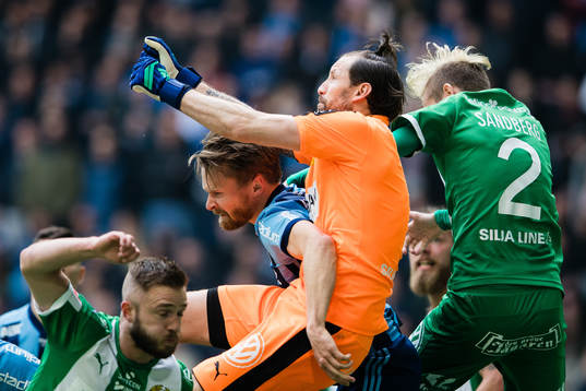 Hammarbys Mats Solheim, målvakt Johan Wiland och Simon