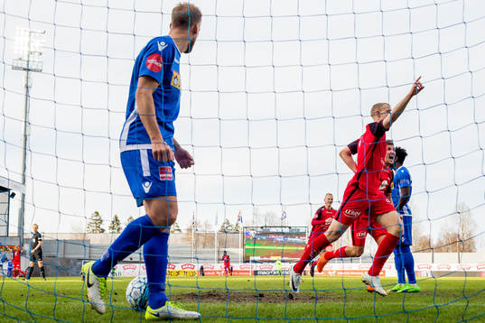 Peter Orry Larsen of Brann celebrates scoring 0-1 while