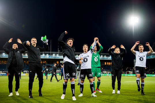 Pål André Helland and Mike Jensen of Rosenborg celebrate