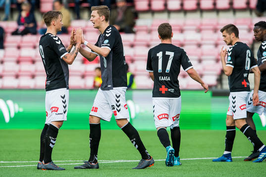 Tobias Lauritsen of Odd celebrates with Birk Risa of Odd