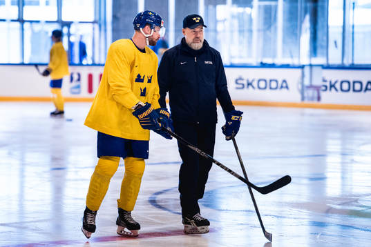 Sveriges Adam Larsson i samtal med förbundskapten Rikard