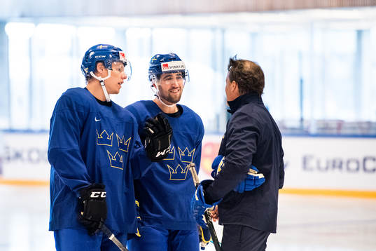 Sveriges Erik Gustafsson och assisterande tränare Johan