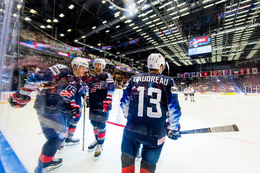 Johnny Gaudreau of USA celebrates with teammates