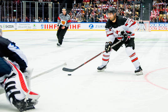 Jordan Eberle of Canada scores