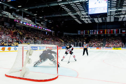 Matt Barzal of Canada misses his penalty shoot-out attempt