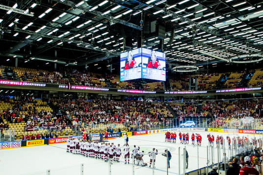 General view of Jyske Bank Boxen as both teams line up