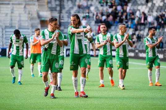 Hammarbys Jeppe Andersen och Björn Paulsen tackar publiken
