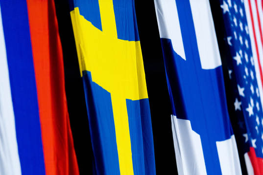 The flags of Russia, Sweden, Finland and USA