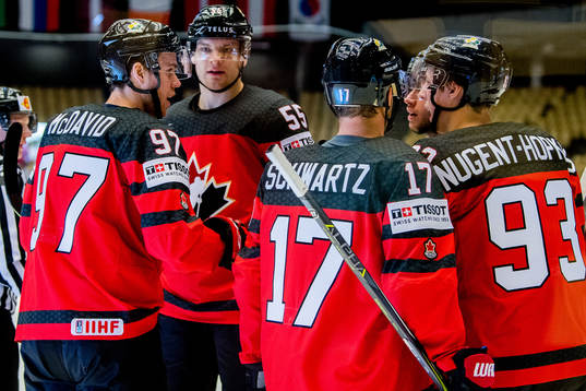 Ryan Nugent-Hopkins of Canada celebrates with teammates