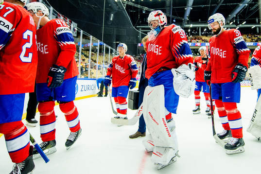 Goaltender Henrik Haukeland and Villiam Strøm of Norway