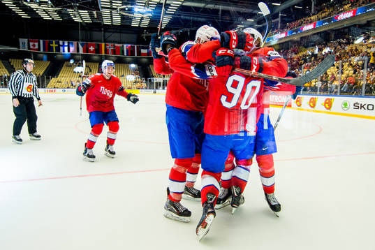 Daniel Sørvik of Norway celebrates with teammate Stefan