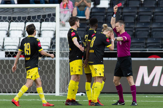 Lars-Jørgen Salvesen of Start is given a red card by