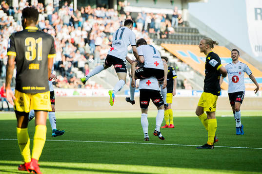 Fredrik Nordkvelle of Odd celebrates with his teammates