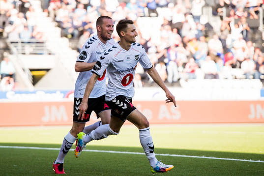 Elbasan Rashani of Odd celebrates with Espen Ruud of Odd