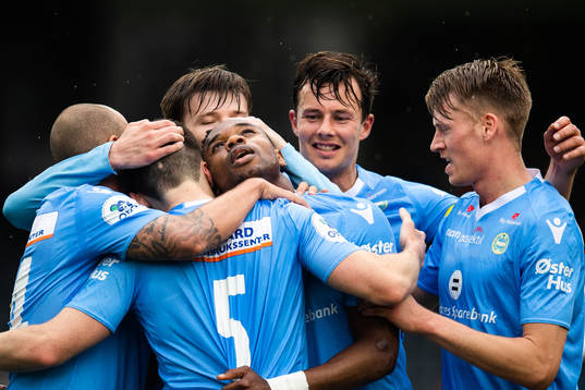 Kachi of Sandnes Ulf celebrate with team mates