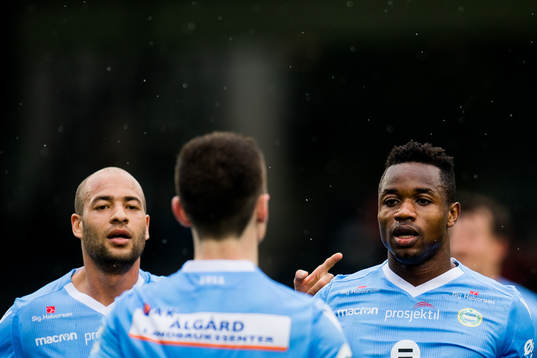 Kristian Brix and Kachi of Sandnes Ulf celebrate the 0-1
