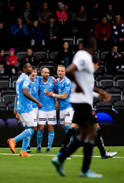 Kristian Brix of Sandnes Ulf celebrates with teammates