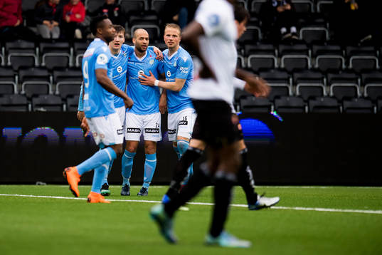 Kristian Brix of Sandnes Ulf celebrates with teammates