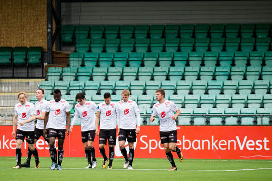 Players of Sogndal celebrate the 1-1 goal