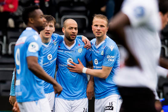 Kristian Brix of Sandnes Ulf celebrates with teammates