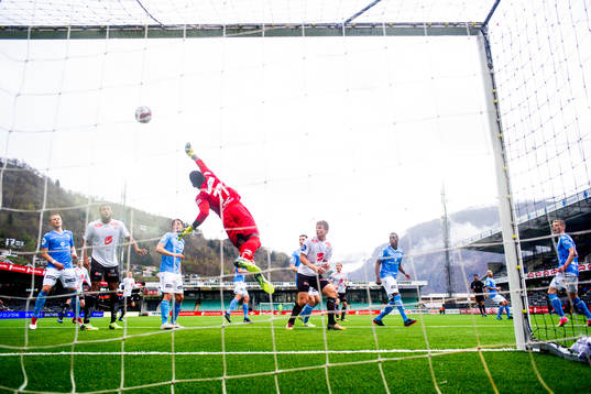 Goalkeeper Arnold Origi of Sandnes Ulf with a save