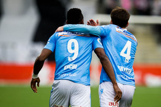 Kachi and Axel Kryger of Sandnes Ulf celebrate the 0-1 goal