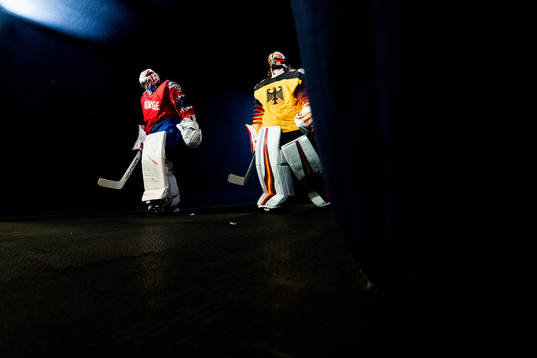 Goaltender Henrik Haukeland of Norway and goaltender Timo
