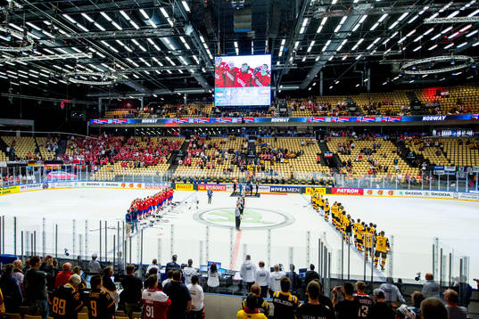 General view of Jyske Bank Boxen as both teams line up for