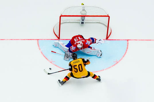 Goaltender Henrik Haukeland of Norway saves the penalty